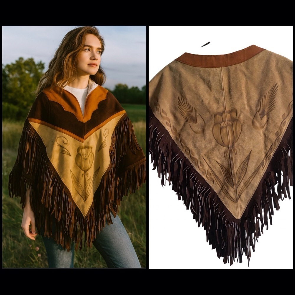 Vintage HECHO EN MEXICO Leather Suede Floral Western Brown Tan Fringed Poncho
